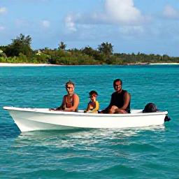 Caribbean Holidays, Relaxing Family Holidays, A family enjoying a gentle Caribbean island excursion on a small boat, with bright water, green coastline and relaxed smiles