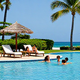 Caribbean Holidays, Relaxing Family Holidays, A family relaxing beside a Caribbean resort pool, with sun loungers, shade from palm trees and children enjoying a safe shallow pool