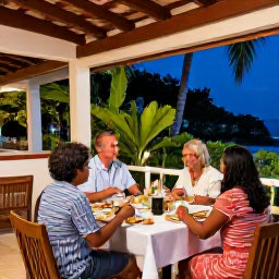 Caribbean Holidays, Relaxing Family Holidays, A family sharing dinner at an open-air Caribbean restaurant, with tropical greenery, relaxed lighting and a peaceful evening atmosphere