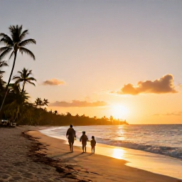 Caribbean Holidays, Relaxing Family Holidays, A family walking along a quiet Caribbean beach at sunset, with gentle waves, warm golden light and colourful tropical sky