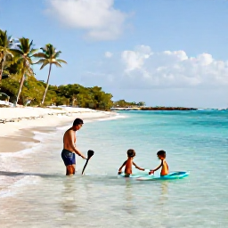 Caribbean Holidays, Relaxing Family Holidays, A relaxed Caribbean beach scene with parents and children paddling in clear shallow water, soft white sand, palm trees and gentle sunshine