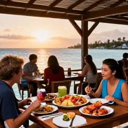 Caribbean Holidays, Relaxing Holidays, Caribbean waterfront restaurant at sunset with fresh seafood, colourful local dishes and relaxed diners