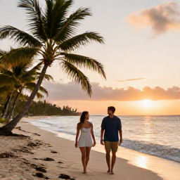 Caribbean Holidays, Relaxing Holidays, Happy couple walking slowly along a quiet Caribbean shoreline at sunset, with palm trees and gentle waves
