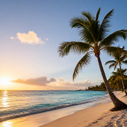 Caribbean Holidays, Relaxing Holidays, Quiet Caribbean beach at sunrise with soft golden light, palm trees and calm turquoise water