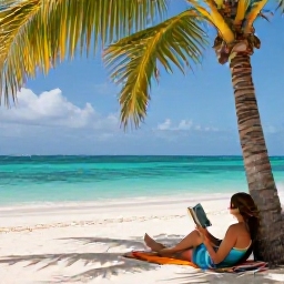 Caribbean Holidays, Relaxing Holidays, Traveller relaxing on a shaded Caribbean beach beneath palm trees, with a book and turquoise sea