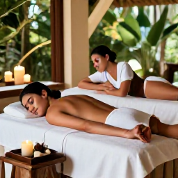 Caribbean Holidays, Relaxing Honeymoons, A couple sharing a spa treatment in a tranquil tropical Caribbean setting with candles, natural textures and lush greenery