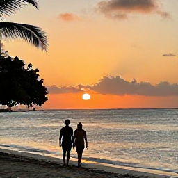 Caribbean Holidays, Relaxing Honeymoons, A romantic Caribbean sunset over calm sea with a couple walking along the beach, warm evening light and tropical silhouettes