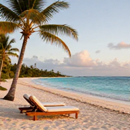 Caribbean Holidays, Relaxing Honeymoons, A secluded Caribbean beach at golden hour with two sun loungers, calm turquoise water and palm trees, peaceful romantic honeymoon atmosphere