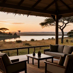 Caribbean Holidays, Relaxing Safari Holidays, A peaceful safari lodge overlooking a calm African savannah at sunrise, comfortable outdoor seating and soft golden light