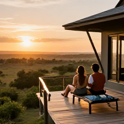 Caribbean Holidays, Relaxing Safari Holidays, Couple relaxing on a private safari lodge deck overlooking a tranquil landscape at sunset, warm natural colours