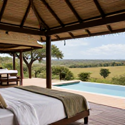 Caribbean Holidays, Relaxing Safari Holidays, Elegant safari lodge veranda with a shaded day bed, swimming pool and wide views across the African bush