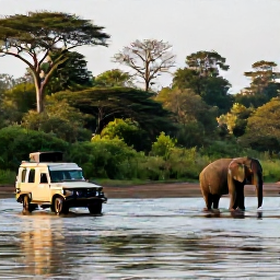 Caribbean Holidays, Relaxing Safari Holidays, Small safari vehicle watching elephants beside a river in a quiet wildlife reserve during warm afternoon light