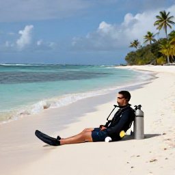 Caribbean Holidays, Relaxing Scuba Diving, A diver relaxing on a quiet Caribbean beach after a dive, with fins and cylinder nearby, calm sea and palm trees in the background