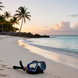 Caribbean Holidays, Relaxing Scuba Diving, A peaceful Caribbean beach at sunrise with calm turquoise water, palm trees and a diver's mask resting on a white sandy shore