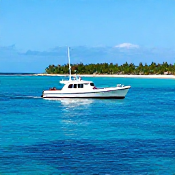 Caribbean Holidays, Relaxing Scuba Diving, A small dive boat travelling across clear blue Caribbean water towards a quiet tropical island, with a relaxed holiday atmosphere