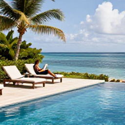 Caribbean Holidays, Relaxing Solo Holidays, A peaceful Caribbean resort pool with a sun lounger, tropical greenery, calm blue water and a solo guest reading a book