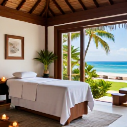 Caribbean Holidays, Relaxing Solo Holidays, A quiet Caribbean spa setting with natural wood, tropical plants, candles and a treatment room overlooking the sea