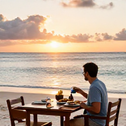 Caribbean Holidays, Relaxing Solo Holidays, A solo traveller enjoying a sunset dinner at a Caribbean beachfront restaurant, with a small table, local food and the sea behind