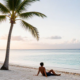 Caribbean Holidays, Relaxing Solo Holidays, A solo traveller relaxing on a quiet white-sand Caribbean beach beside calm turquoise water, with a palm tree and soft morning light