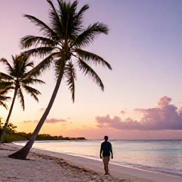 Caribbean Holidays, Relaxing Solo Holidays, A solo traveller walking along a tranquil Caribbean beach at sunset, with palm trees, pastel sky and calm turquoise water