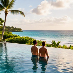 Caribbean Holidays, Relaxing Spa Breaks, Couple relaxing beside an infinity pool overlooking a Caribbean bay, with tropical greenery and warm afternoon light