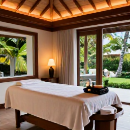 Caribbean Holidays, Relaxing Spa Breaks, Elegant Caribbean resort spa treatment room with natural wood, soft towels, candles and views of tropical gardens