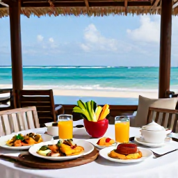 Caribbean Holidays, Relaxing Spa Breaks, Healthy Caribbean breakfast with tropical fruit, fresh juice and light dishes on a shaded terrace overlooking the sea