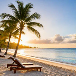 Caribbean Holidays, Relaxing Spa Breaks, Quiet Caribbean beach at sunrise with a comfortable spa lounger, palm trees and calm turquoise water