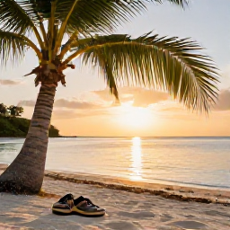 Caribbean Holidays, Relaxing Walking Holidays, A peaceful Caribbean beach at sunset with walking shoes beside a shaded palm tree and calm water