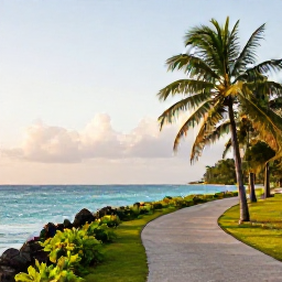 Caribbean Holidays, Relaxing Walking Holidays, A quiet Caribbean coastal path winding beside turquoise sea, palm trees and soft morning light