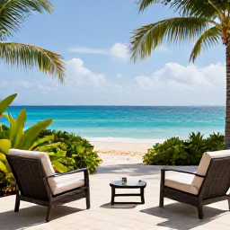 Caribbean Holidays, Relaxing Walking Holidays, An inviting Caribbean resort terrace overlooking the sea, with comfortable chairs, tropical plants and a relaxed atmosphere