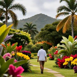 Caribbean Holidays, Relaxing Walking Holidays, Travellers walking gently through a lush tropical garden with colourful flowers and distant Caribbean hills