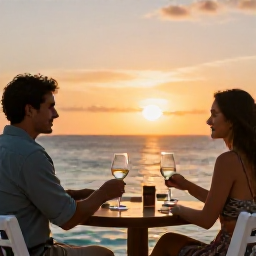 Caribbean Holidays, Relaxing Wine Holidays, A couple enjoying a sunset wine tasting on a Caribbean terrace overlooking the ocean, with elegant glasses and soft golden light