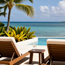 Caribbean Holidays, Relaxing Wine Holidays, A peaceful Caribbean resort terrace with comfortable loungers, tropical plants, a wine glass and calm blue water