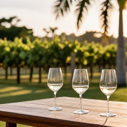 Caribbean Holidays, Relaxing Wine Holidays, A relaxed Caribbean vineyard-style wine tasting setting with glasses of wine, tropical greenery and warm afternoon light