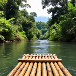 Caribbean Holidays, River Rafting, A peaceful bamboo raft drifting through lush tropical rainforest on a Caribbean river in Jamaica