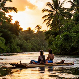 Caribbean Holidays, River Rafting, Couple relaxing on a bamboo raft at sunset on a tropical Jamaican river, with rainforest and warm golden light