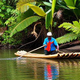 Caribbean Holidays, River Rafting, Local Jamaican guide steering a traditional bamboo raft along a calm river surrounded by tropical plants