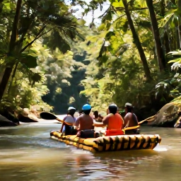 Caribbean Holidays, River Rafting, Visitors enjoying a scenic bamboo rafting excursion through the lush interior of Jamaica, with sunlight filtering through rainforest trees