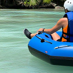 Caribbean Holidays, River Tubing, Close-up of a river tubing traveller wearing a life jacket, helmet and water shoes beside a clear Caribbean river