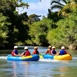 Caribbean Holidays, River Tubing, Friendly local guide preparing a group for river tubing beside a tropical Caribbean river, with tubes, helmets and life jackets