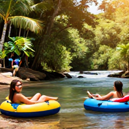 Caribbean Holidays, River Tubing, Happy travellers relaxing beside a tropical Caribbean river after a river tubing excursion, with rainforest, picnic area and warm sunlight