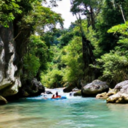 Caribbean Holidays, River Tubing, Travellers floating through clear turquoise river water beneath lush Caribbean rainforest, with limestone rocks and tropical greenery