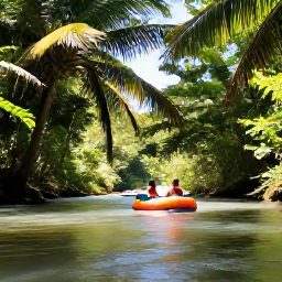 Caribbean Holidays, River Tubing, Visitors enjoying a river tubing tour in a Caribbean rainforest, with sunlight filtering through palm leaves and lush vegetation