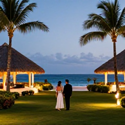 Caribbean Holidays, Romantic Caribbean, Couple enjoying a peaceful Caribbean resort evening, elegant hotel garden, palms, warm lights and tropical sea in the background