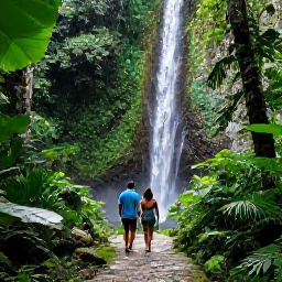 Caribbean Holidays, Romantic Caribbean, Couple exploring a lush Caribbean rainforest near a waterfall, tropical plants, stone path and soft natural light