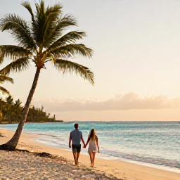 Caribbean Holidays, Romantic Caribbean, Couple walking hand in hand along a quiet Caribbean beach at sunset, warm golden light, palm trees and calm turquoise sea