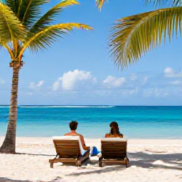Caribbean Holidays, Romantic Caribbean, Romantic couple relaxing on a secluded Caribbean beach with two sun loungers, soft sand, palm trees and vivid blue water