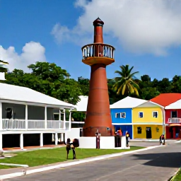 Caribbean Holidays, Rum Distillery Tours, Caribbean coastal town near a rum distillery, with colourful buildings, palm trees and visitors exploring local culture