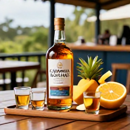 Caribbean Holidays, Rum Distillery Tours, Rum tasting table with small glasses of golden Caribbean rum, tropical fruit and a relaxed open-air terrace